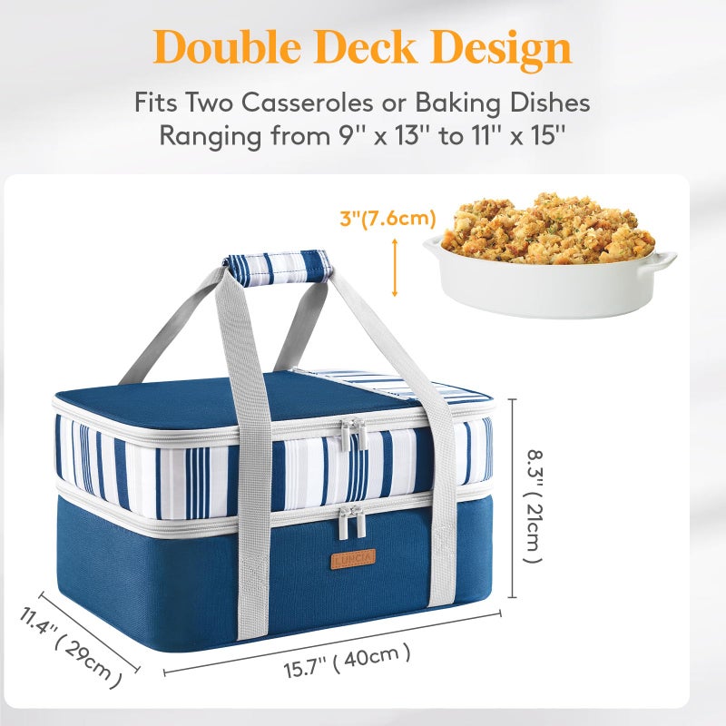 LUNCIA Double Decker Insulated Casserole Carrier for Hot or Cold Food, Lasagna Holder Tote for Potluck Parties/Picnic/Cookouts, Fits 9"x13" Baking Dish, Blue - Image 2